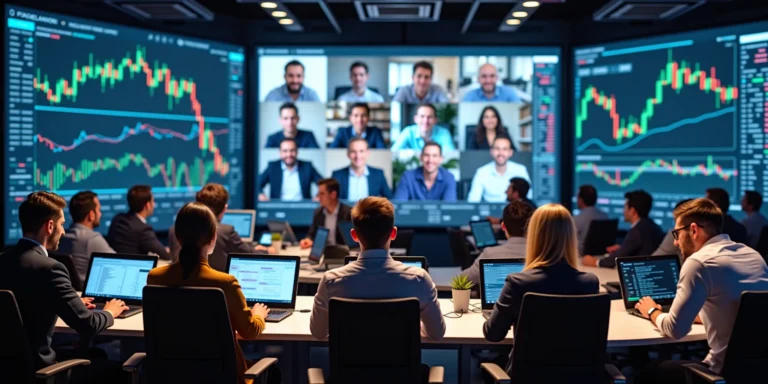 Grupo de traders en una comunidad de trading en español analizando gráficos y participando en una videoconferencia.