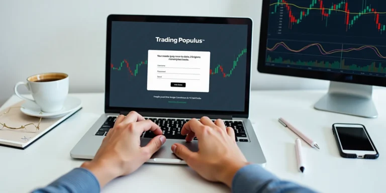 Inicia sesión en Trading Populus en una computadora portátil, utilizada para acceder a la comunidad de trading en español.