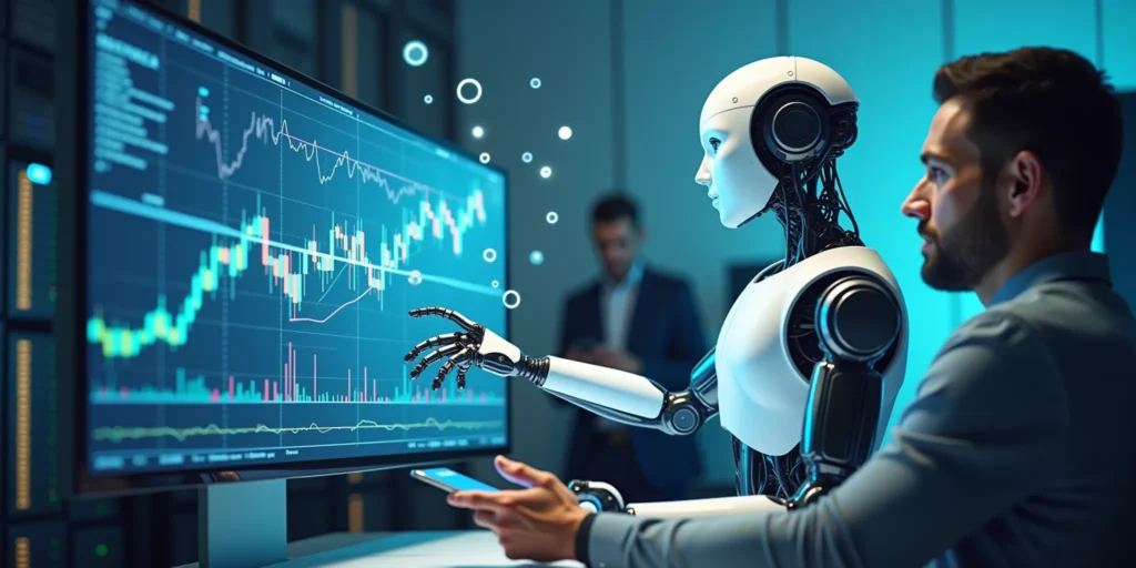 Hombre trabajando junto a un robot en el análisis de gráficos financieros en una plataforma de trading automatizado desde cero.