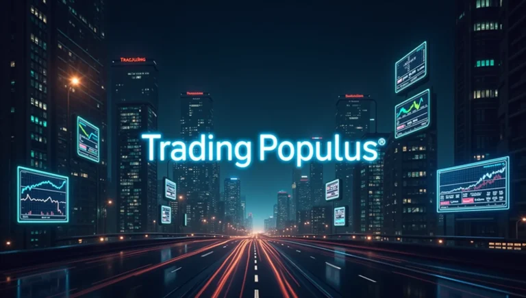 Panel de usuario de Trading Populus mostrando gráficos financieros en una ciudad futurista con luces LED y pantallas digitales.