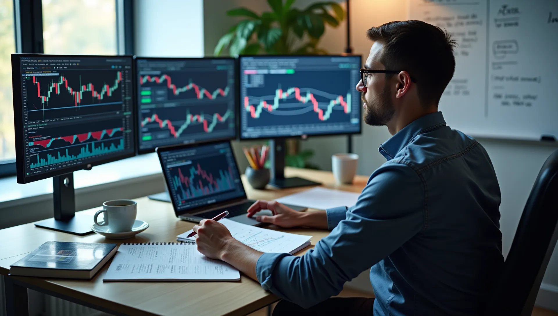 Trader profesional analizando gráficos de velas japonesas, RSI y medias móviles en varias pantallas, en el contexto de la historia y evolución del análisis técnico.