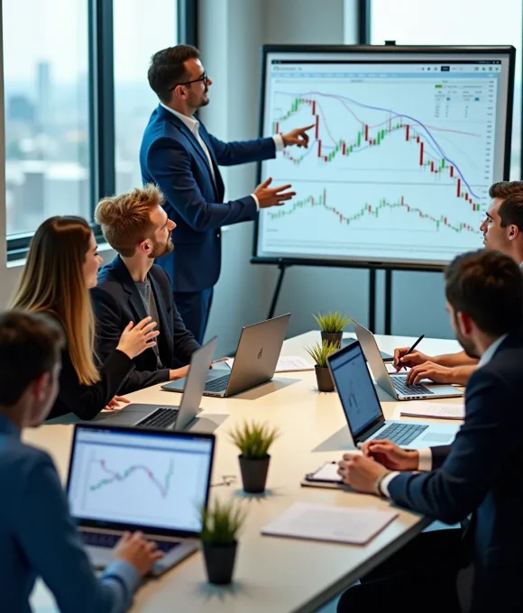 Equipo de traders colaborando en una reunión, compartiendo estrategias y análisis en una formación de trading en español.